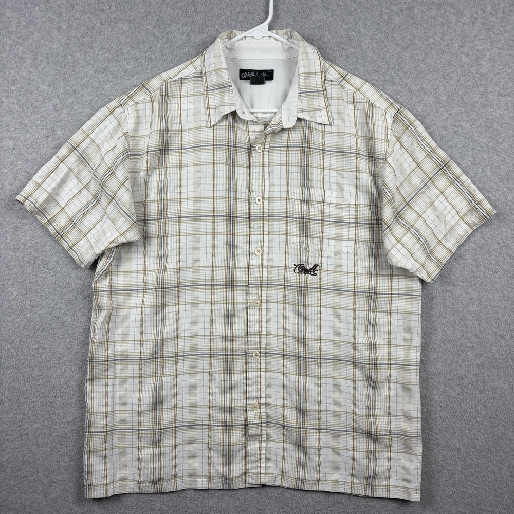 O'Neill Shirt Mens Large White Plaid Rayon Button Up Surfer Skater Beach Y2K